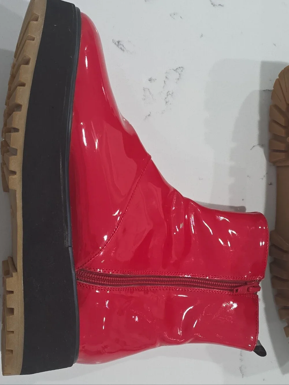 Valeria Leik Red Patent Leather Chunky Sole Mid-calf Boots. Size 8.